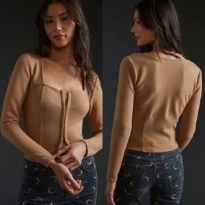 BB‎ Dakota brown ribbed corset seamed top long sleeve square neck S